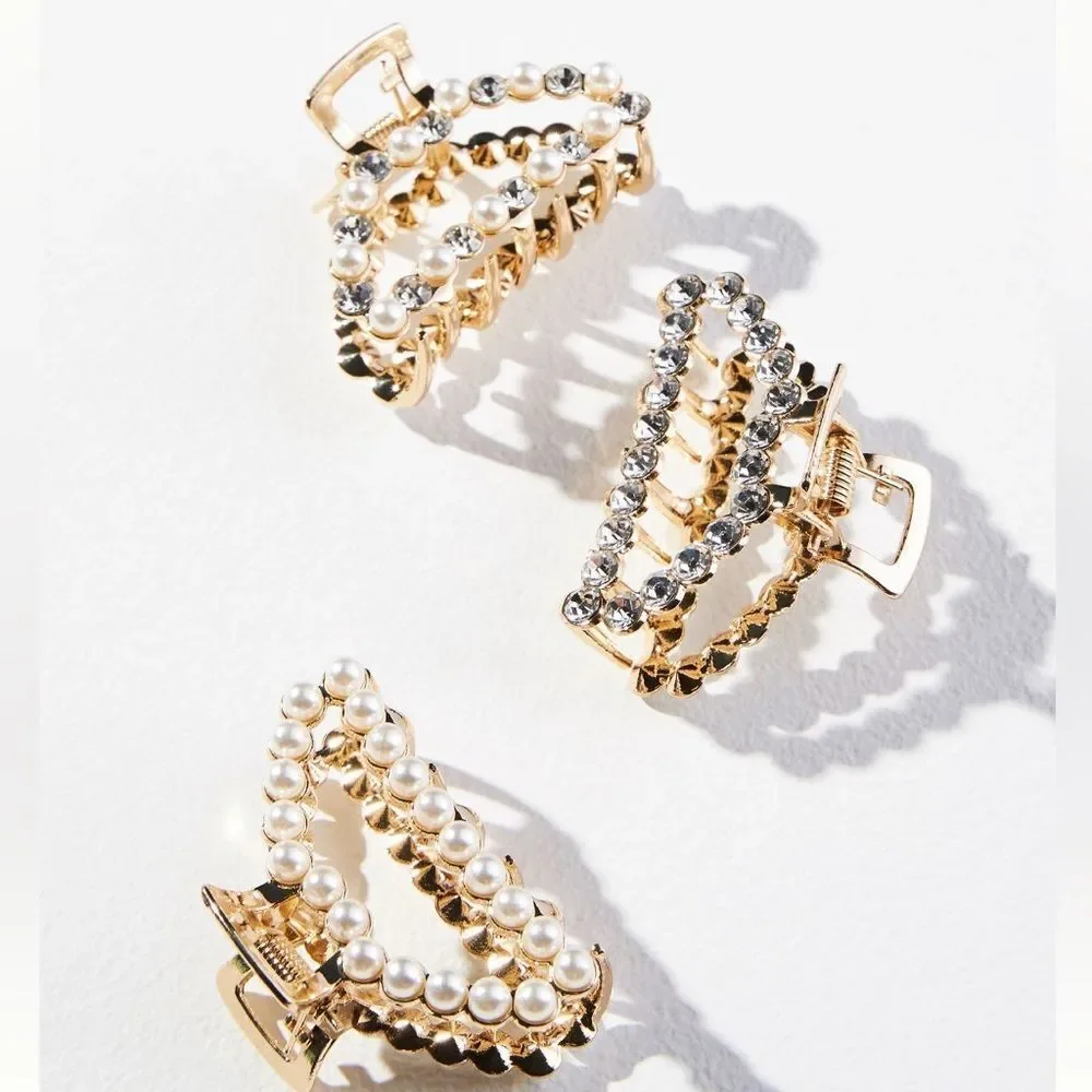 Anthropologie Embellished Claw Hair Clips Gold With Pearls and Crystals.